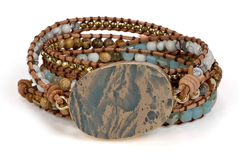 SPUNKYsoul 5 Wrap Bead Bracelet for Women with Agalmatolite, Jasper, Blue Agate, Labradorite and Hematite for Women - Image 1
